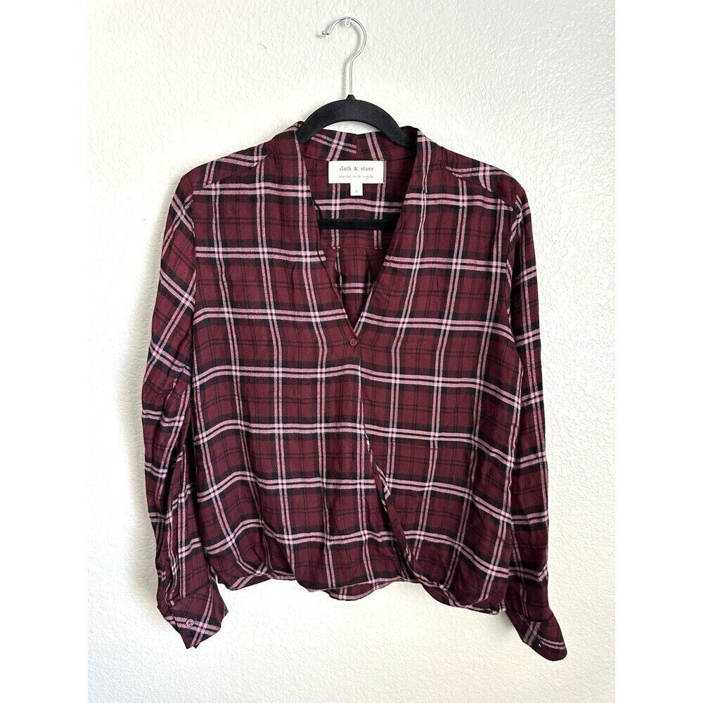 Anthropologie Cloth & Stone Blouse Women's Size Small Plaid Drape Wrap Front Top